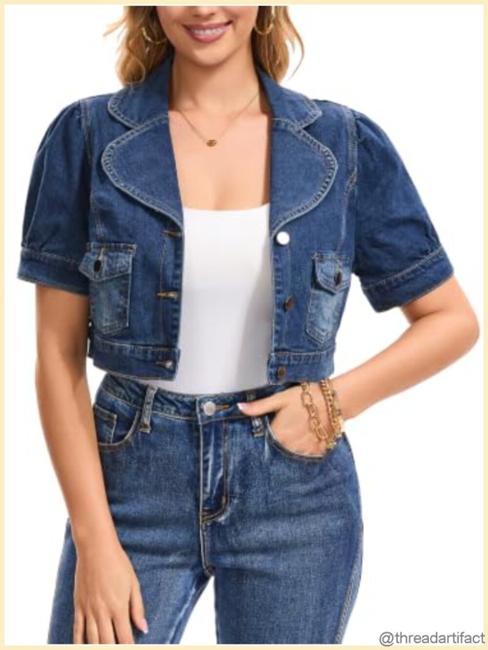 Cropped Denim Bolero Shrug Jacket Short Sleeve Button Front Jean